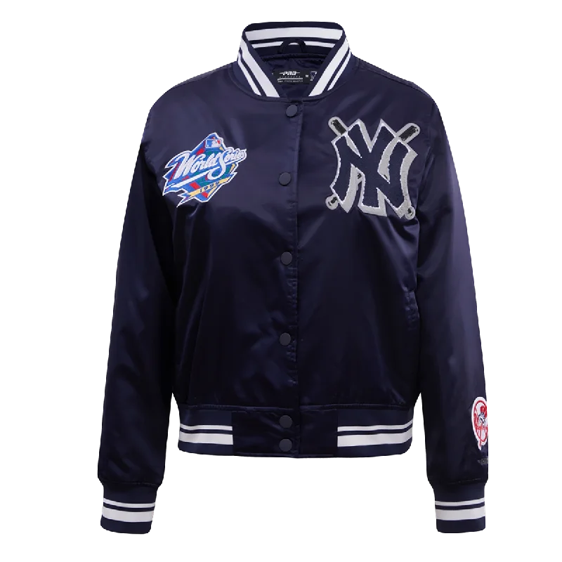 women's slim fit blazer -MLB NEW YORK YANKEES MASHUP WOMEN'S SATIN JACKET (MIDNIGHT NAVY)