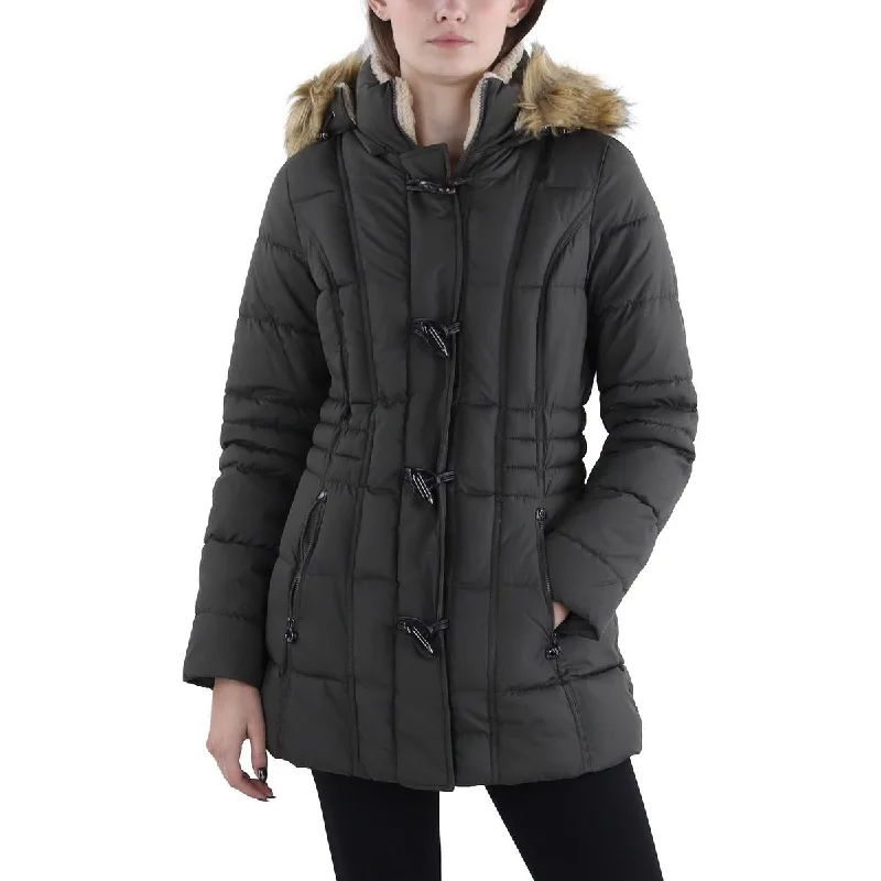 women's belted trench coat -Laundry by Design Womens Faux Fur Trim Hooded Puffer Jacket