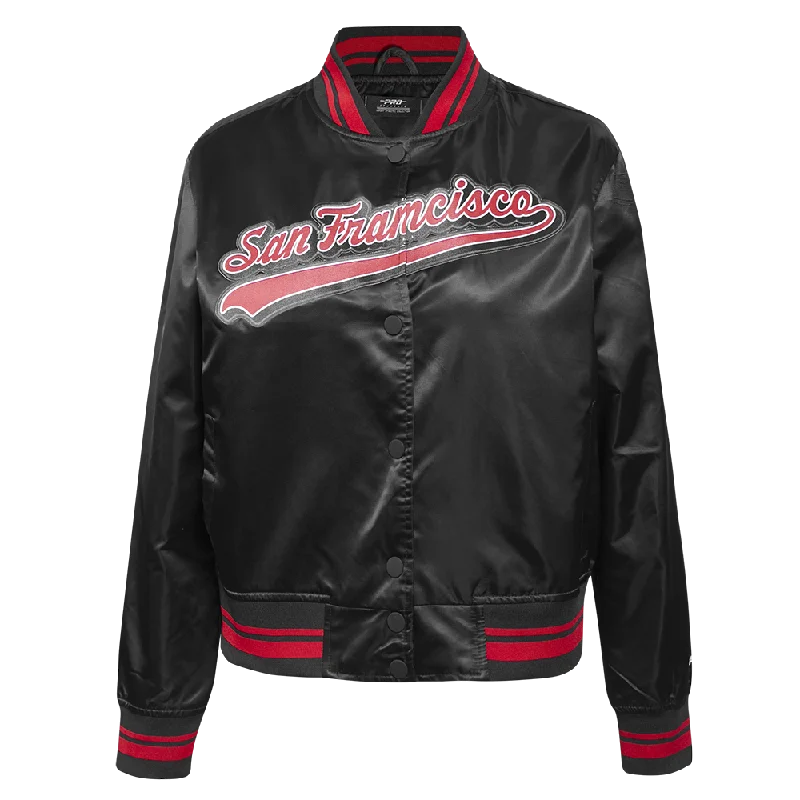 long elegant trench coat for women -NFL SAN FRANCISCO 49ERS SCRIPT TAIL WOMEN'S SATIN JACKET (BLACK/RED/BLACK)