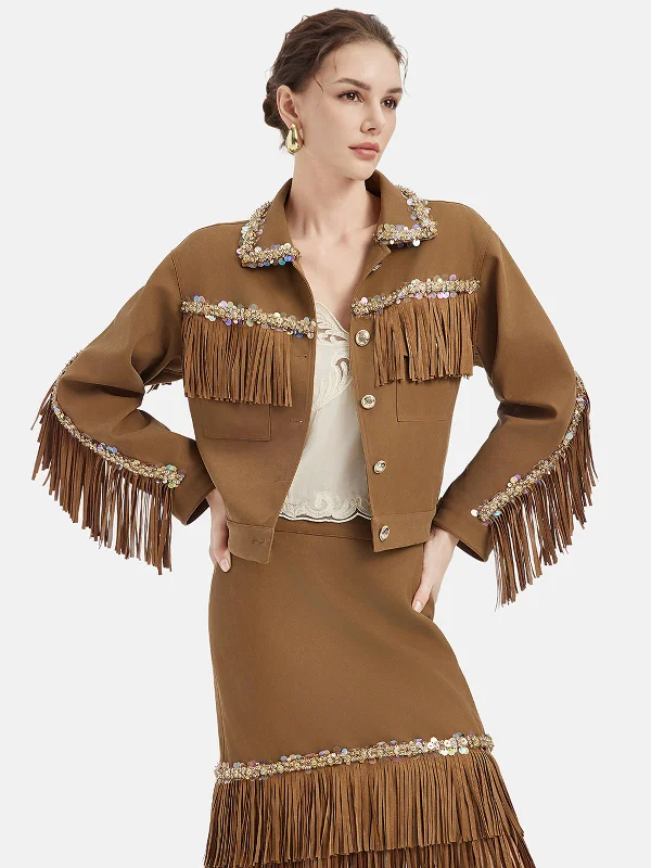 trendy plaid coat for women -Vintage Brown Suede Fringe Jacket