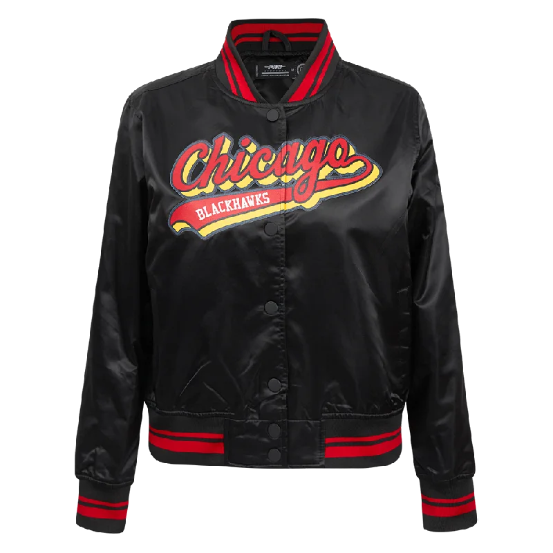 women's travel-friendly jacket -NHL CHICAGO BLACKHAWKS SCRIPT TAIL WOMEN'S SATIN JACKET (BLACK/RED/BLACK)