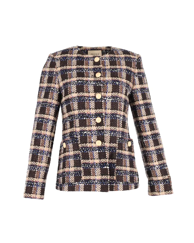 double-layered long coat for women -Gucci Tartan Jacket in Multicolor Cotton Tweed