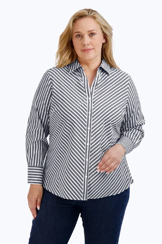 activewear short sleeve tops for women -Mary Plus Stretch No Iron Stripe Shirt, Black/White Stripe