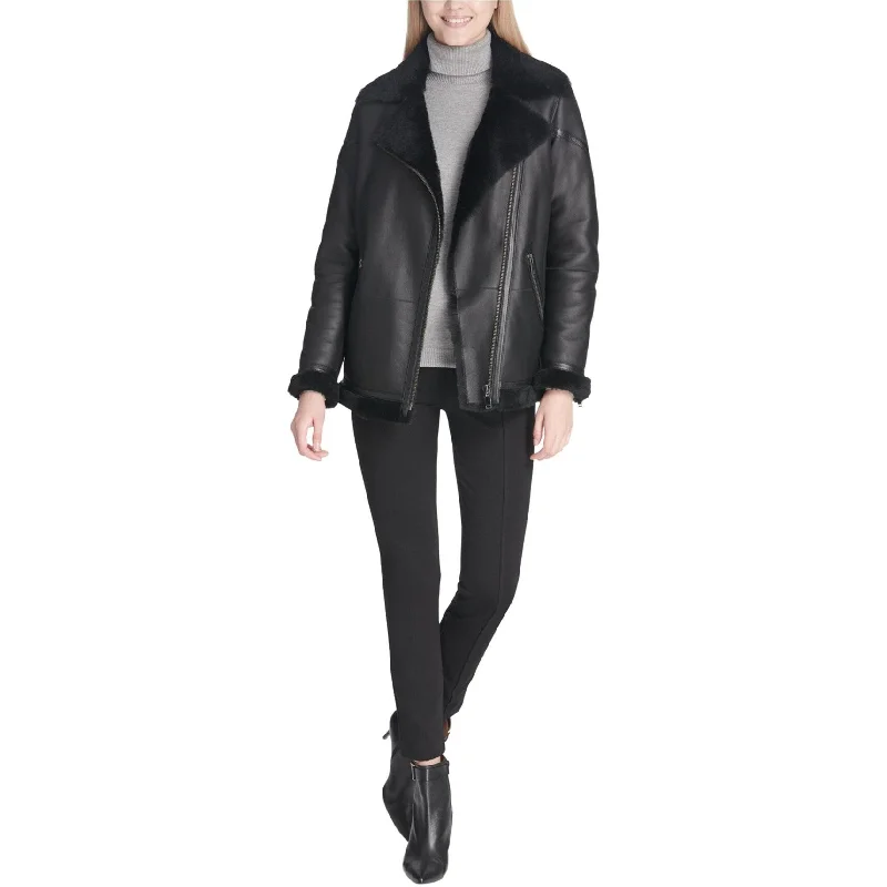 fashionable belted wool coat for women -Calvin Klein Womens Shearling Biker Jacket, Black, Small