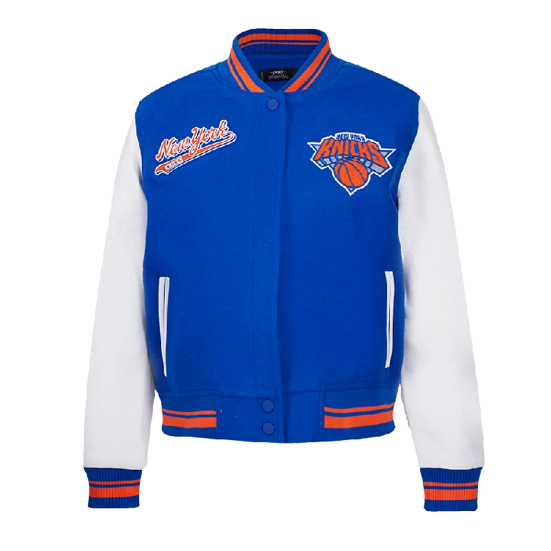 winter parka for women -NBA NEW YORK KNICKS SCRIPT TAIL WOMEN'S WOOL VARSITY JACKET (ROYAL/ORANGE/ROYAL)