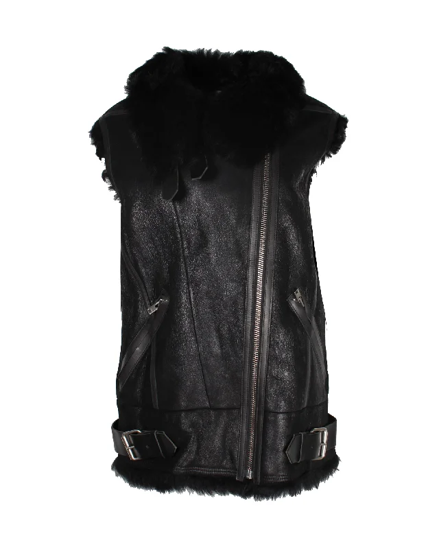 stylish knit jacket for women -Iro Courtney Fur Lined Vest in Black Leather