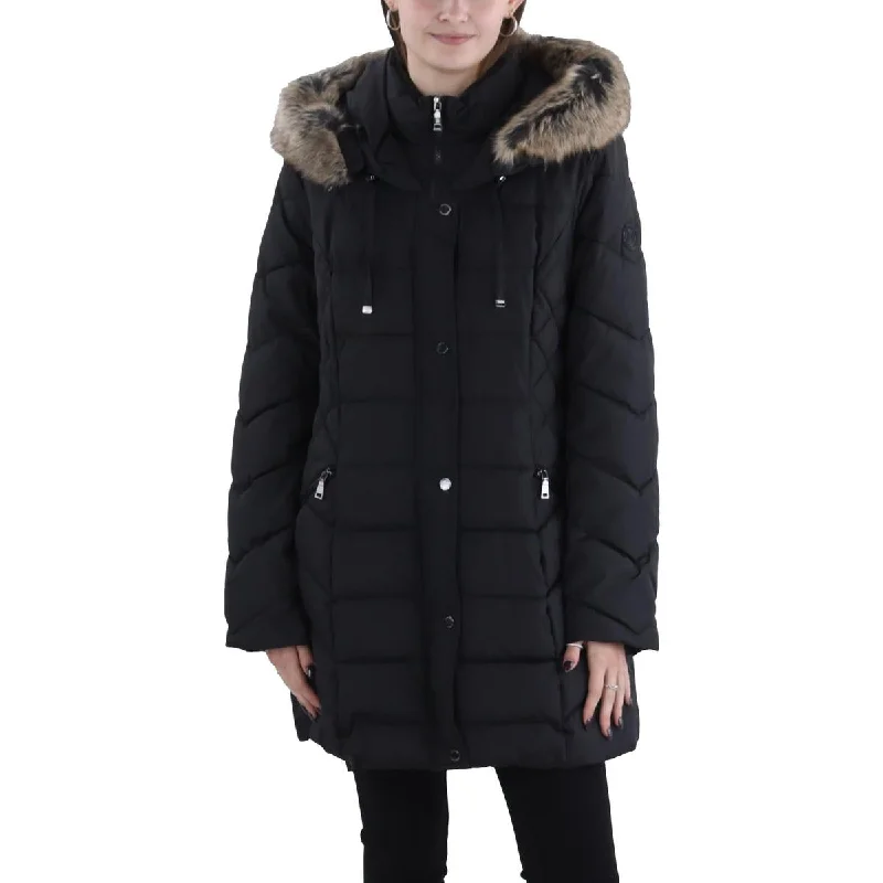 women's sherpa-lined jacket -Laundry by Shelli Segal Womens Faux Fur Trim Hooded Puffer Jacket