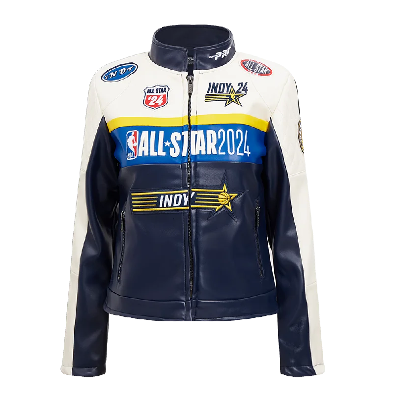 sophisticated evening coat for women -NBA ALL STAR GAME 2024 WOMEN'S FZ LEATHER JACKET (EGGSHELL/ MIDNIGHT NAVY)