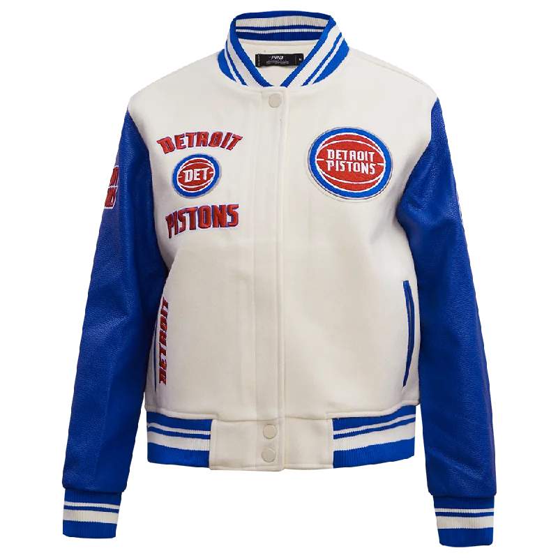 ladies' fleece zip-up jacket -NBA DETROIT PISTONS RETRO CLASSIC WOMEN'S RIB WOOL VARSITY JACKET (EGGSHELL/ROYAL BLUE)