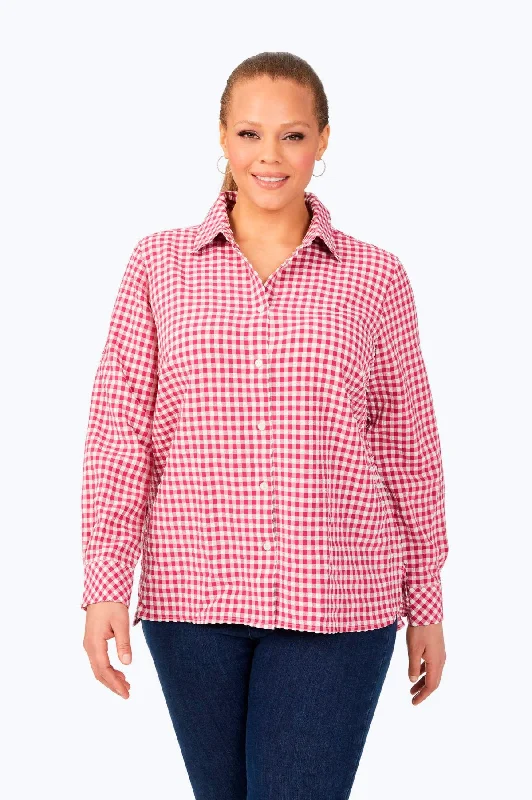 trendy puff sleeve short sleeve tops for women -Plus Gingham Check Stretch Shirt