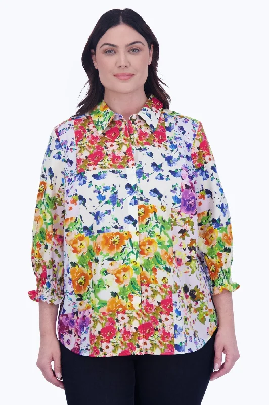 ladies' soft modal short sleeve top -Olivia Plus No Iron Floral Patchwork Shirt