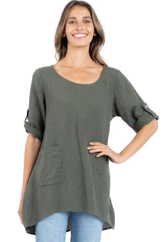 women's summer short sleeve top -Federica Olive Green Sand Washed Linen Tunic Top