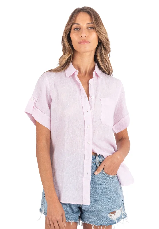 trendy puff sleeve short sleeve tops for women -Febe-SS Soft Pink Linen Camp Shirt