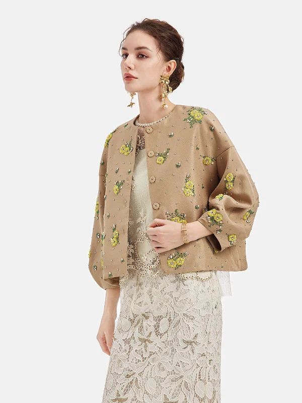 women's thermal long coat -Luxury Silk Beaded Floral Jacket