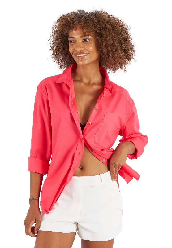 women's zip-up short sleeve top -Poppy-Cotton Coral Pink Oversized Cotton Shirt