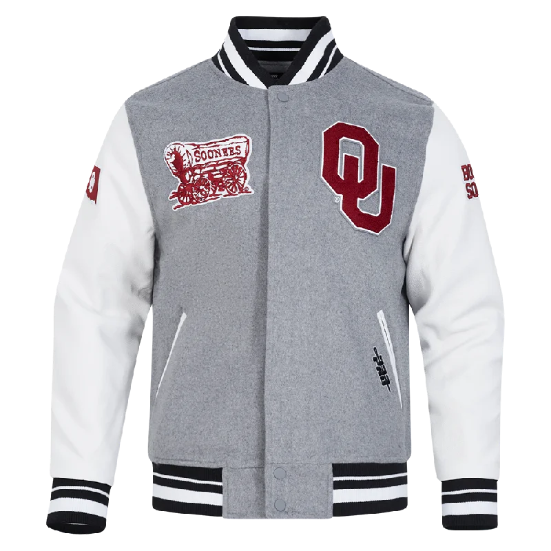 casual zip-up hoodie jacket for women -UNIVERSITY OF OKLAHOMA CLASSIC RIB WOOL VARSITY JACKET (HEATHER GREY/WHITE/BLACK)