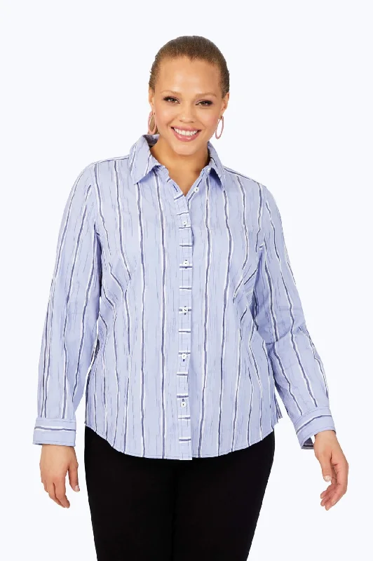 women's collared short sleeve blouse -Hampton Plus Serene Stripe Crinkle Shirt