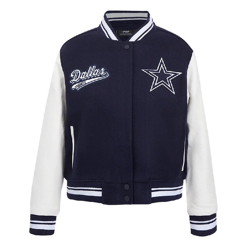 women's sherpa-lined jacket -NFL DALLAS COWBOYS SCRIPT TAIL WOMEN'S WOOL VARSITY JACKET (MIDNIGHT NAVY/WHITE)