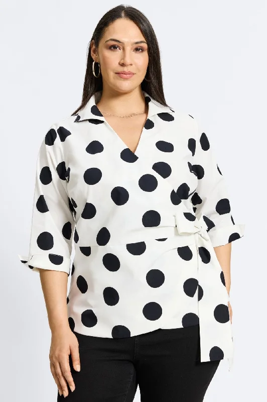 elegant short sleeve blouses for ladies -Salina Plus No Iron Black & White Dot Shirt