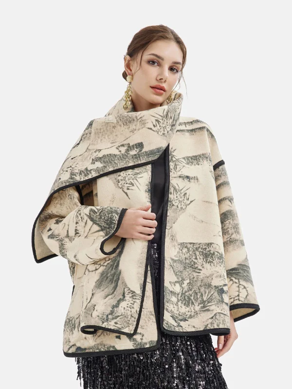 ladies' longline puffer coat -Vintage Print Wool Scarf Coat