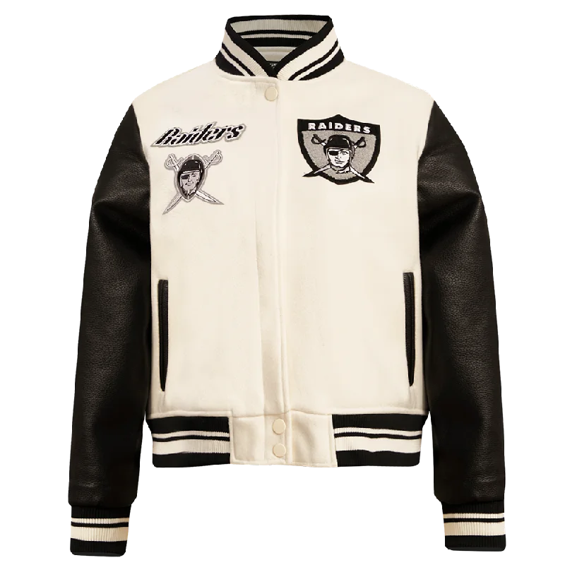 warm alpaca wool coat for ladies -NFL OAKLAND RAIDERS RETRO CLASSIC WOMEN'S RIB WOOL VARSITY JACKET (EGGSHELL/ BLACK)