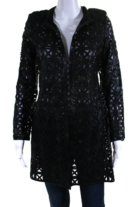 ladies' longline puffer coat -In Transit Womens Laser Cut Metallic Mesh Leather Jacket Black