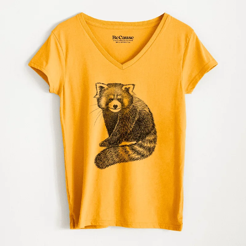 stylish knotted short sleeve tops for women -Red Panda - Ailurus fulgens styani - Women's 100% Recycled V-neck