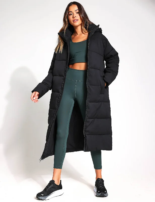 women's fur-trimmed parka -Long Puffer Jacket - Black