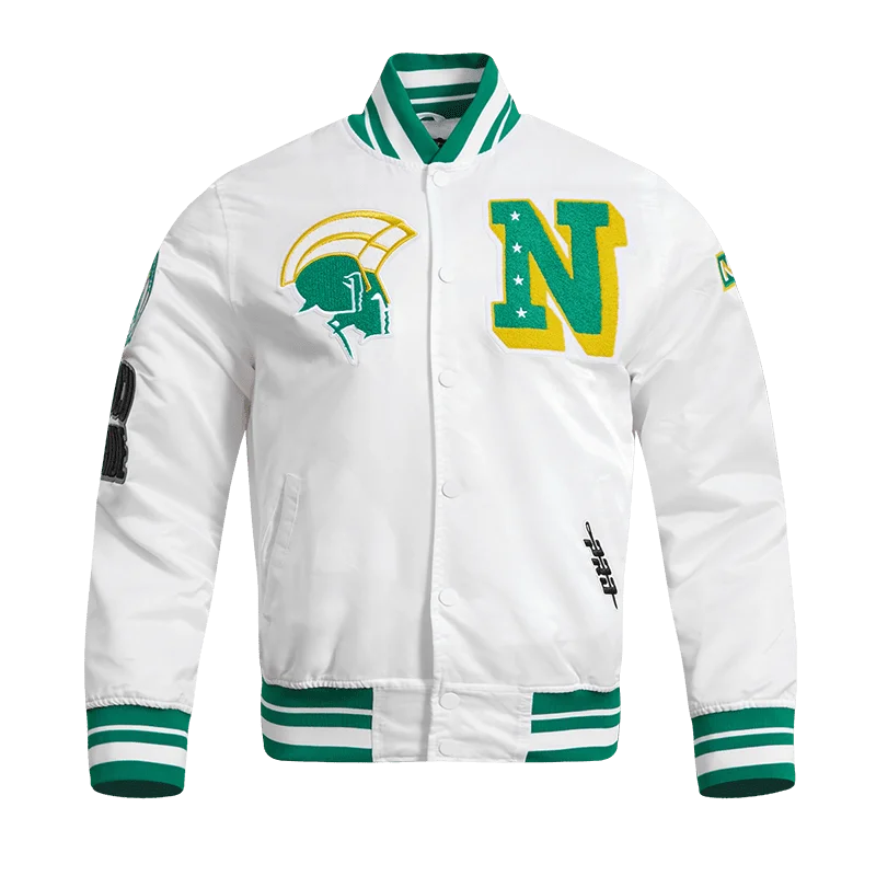 ladies' waterfall drape coat -NORFOLK STATE UNIVERSITY CLASSIC RIB SATIN JACKET (WHITE/KELLY GREEN)