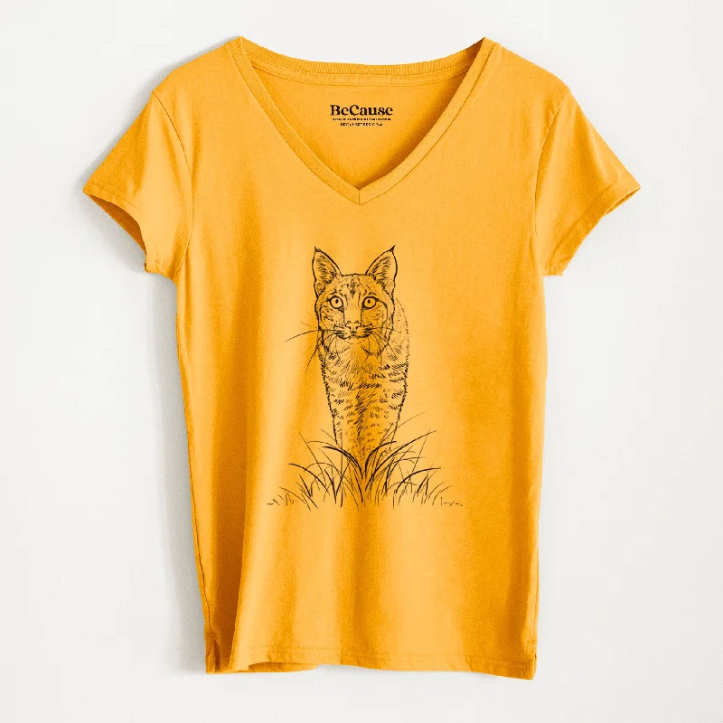 women's color block short sleeve tee -Bobcat - Lynx rufus - Women's 100% Recycled V-neck