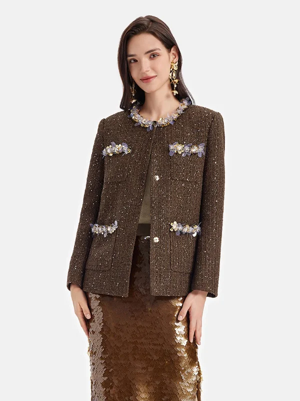 stylish fleece-lined coat for women -Sequin Tweed Beaded Jacket