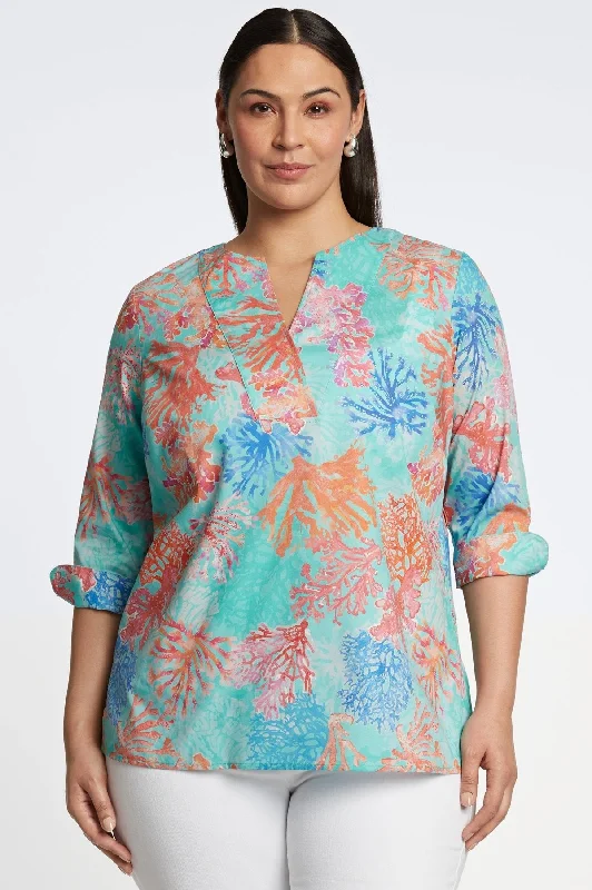 women's draped short sleeve blouse -Vena Plus No Iron Sea Coral Popover Shirt