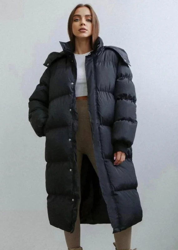 fashionable metallic puffer jacket for women -Warm Oversized Padded Parka Coat