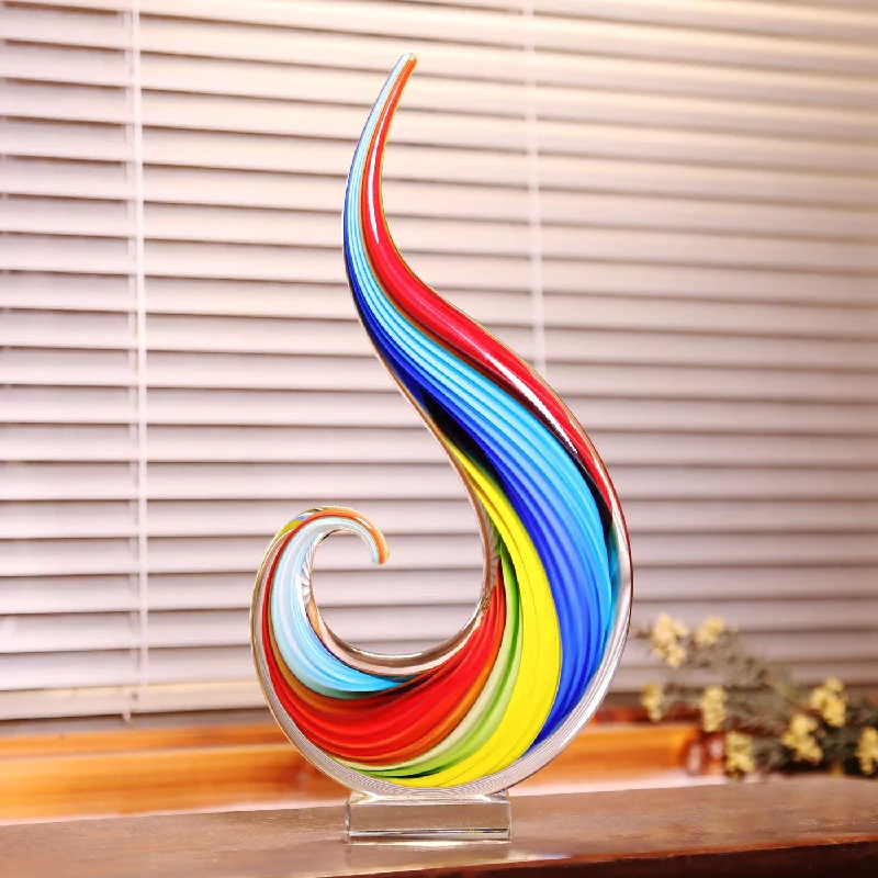 ladies' waterfall drape coat -Hand Blown Rainbow Swirl Sommerso Art Glass Sculpture 12-15 inch tall