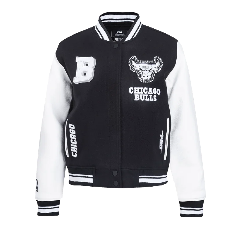 sleek satin bomber jacket for women -NBA CHICAGO BULLS PEARLS WOMEN'S RIB WOOL VARSITY JACKET (BLACK/WHITE)