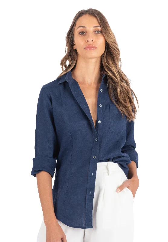 women's collared short sleeve blouse -Lina Navy Blue Slim-Fit Linen Shirt