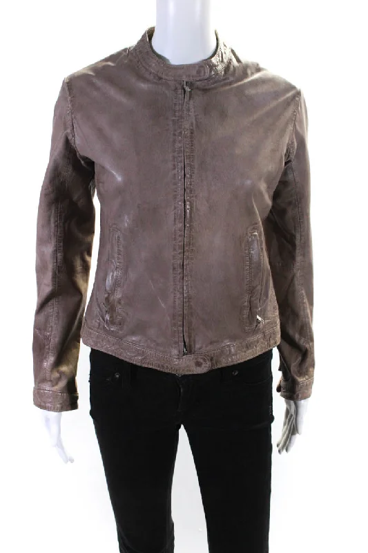 women's teddy bear coat -Bully Womens Long Sleeve Front Zip Crew Neck Leather Jacket Brown