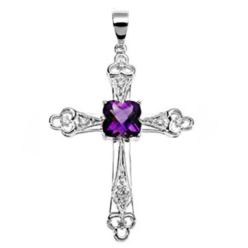 stylish knit jacket for women -14k White Gold Clover Shape Amethyst and Diamond Cross Pendant