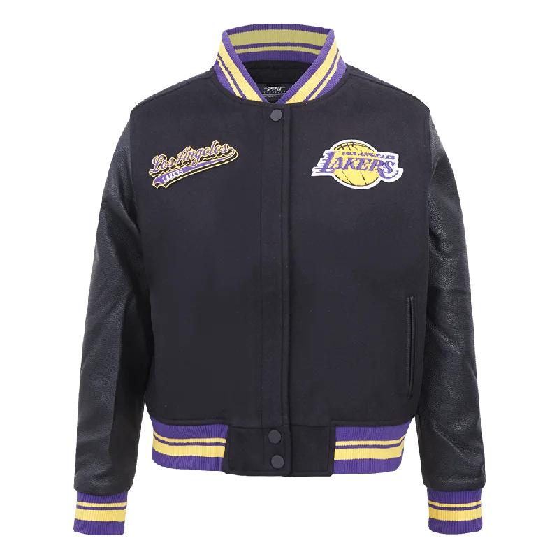 women's waterproof raincoat -NBA LOS ANGELES LAKERS SCRIPT TAIL WOMEN'S WOOL VARSITY JACKET (BLACK/PURPLE)