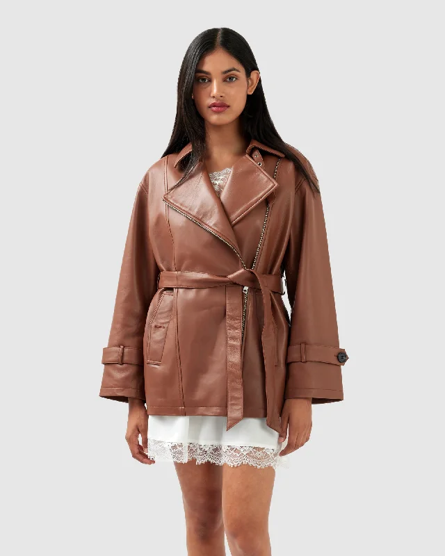 stylish fleece-lined coat for women -BFF Belted Leather Jacket