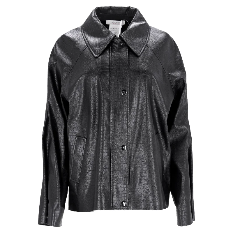 women's oversized corduroy jacket -Max Mara Nepal Embossed Faux Leather Shirt Jacket in Black Polyester