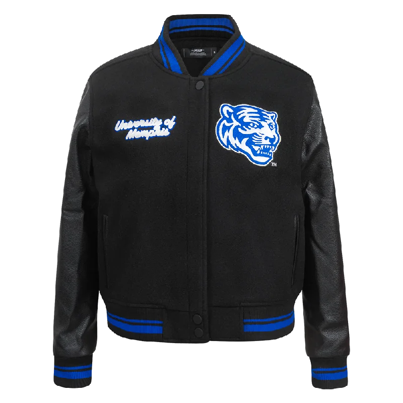 urban streetwear jacket for women -UNIVERSITY OF MEMPHIS CLASSIC WOMEN'S RIB WOOL VARSITY JACKET (BLACK/ROYAL BLUE/BLACK)