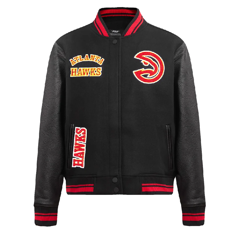 women's asymmetrical zip jacket -NBA ATLANTA HAWKS RETRO CLASSIC WOMEN'S RIB WOOL VARSITY JACKET (BLACK/RED/BLACK)