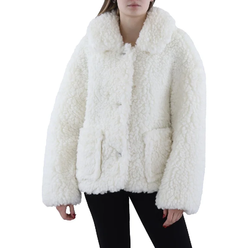 versatile casual coat for women -DKNY Jeans Womens Sherpa Long Sleeve Faux Fur Coat