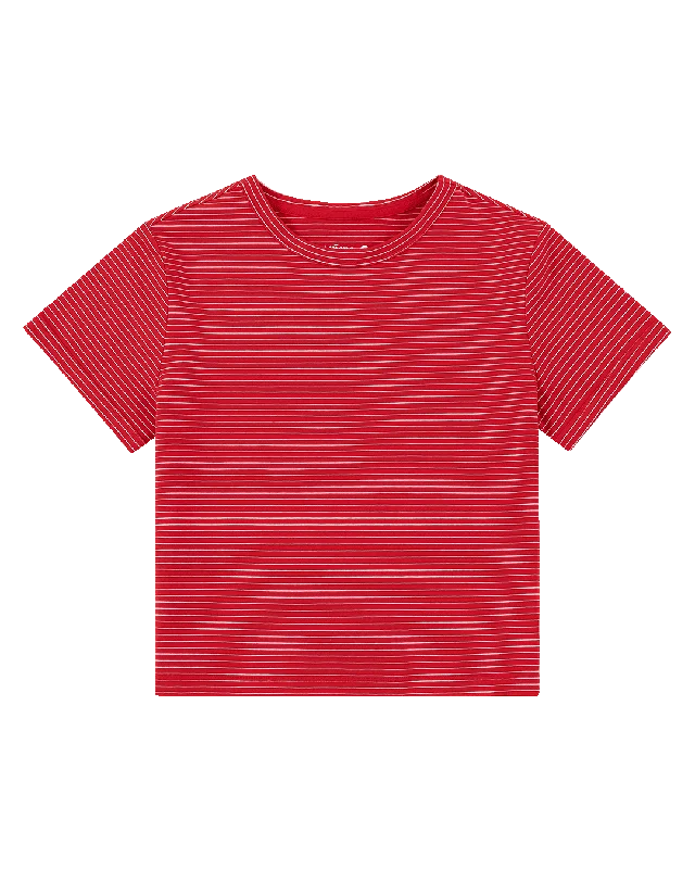 workout-friendly short sleeve tops for women -Cropped Striped Tee - Red/White