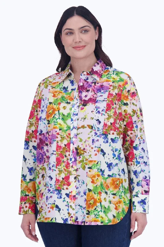 stylish asymmetrical short sleeve tops for women -Meghan Plus No Iron Floral Patchwork Shirt