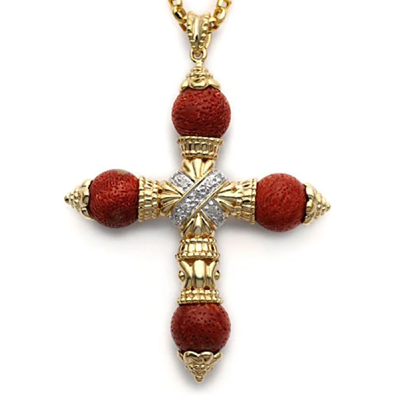 ladies' long hooded winter coat -14k Yellow Gold Coral and Diamond Cross Pendant