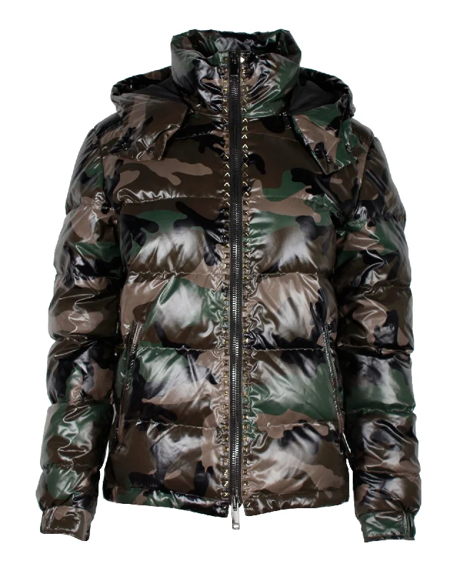 ladies' soft knit cardigan coat -Valentino Studded Camouflage-Print Quilted Shell Hooded Down Jacket in Green Polyamide