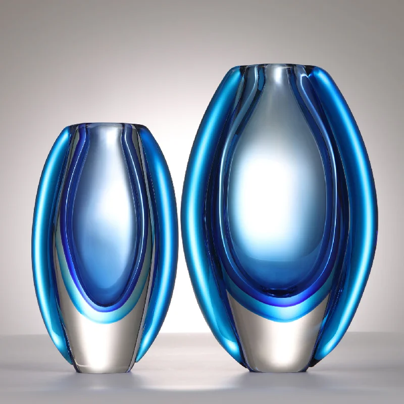 professional work blazer for women -Hand Blown Sommerso Oval Art Glass Vase - Blue 8.5-10 inch tall