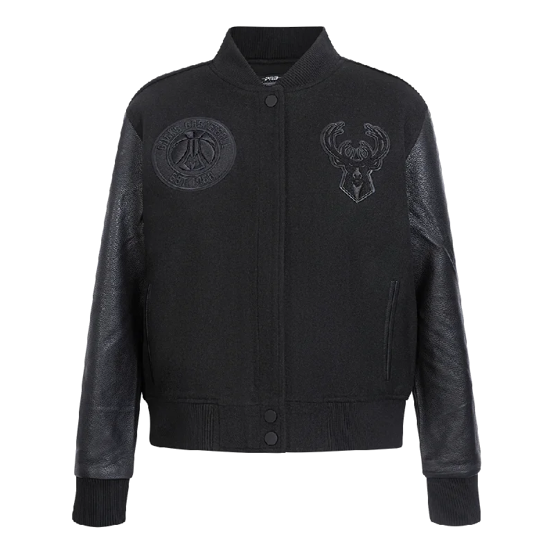 stylish knit jacket for women -NBA MILWAUKEE BUCKS TRIPLE BLACK WOMEN'S WOOL VARSITY JACKET (TRIPLE BLACK)